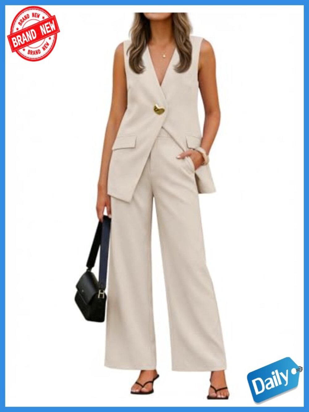 Women's Sleeveless 2-Piece Blazer Suit Set - Wide Leg Pants, Office Outfit